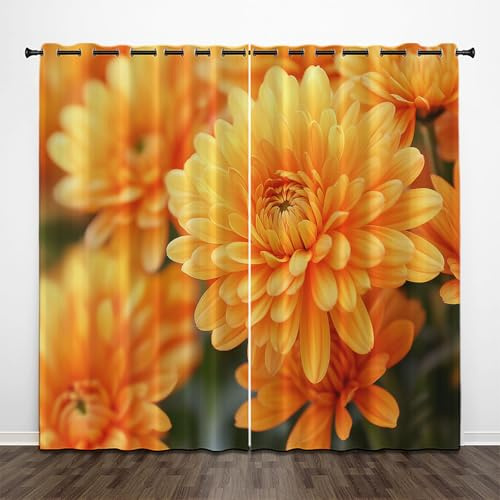 Vorhänge Gelb Blickdicht mit Ösen 200 cm Lang, 2er Set Pflanzen Blumen Abdunkelnde Vorhänge Wohnzimmer,Pflanzen Blumen Blickdichte Ösenvorhang H 200 x B 70 cm Weicher Verdunklungsvorhänge