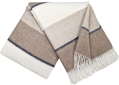 STTS International Cashmere Blanket, Wool Blanket, 100% Merino Wool, Cashmere Mix, 140 x 200 cm, Very Soft Plaid Cuddly Blanket, Faro (Beige/Brown/White (K))