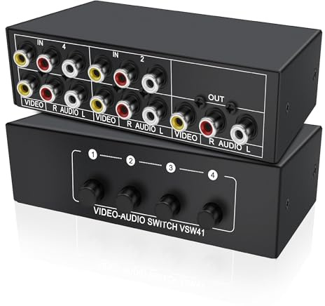 XMSJSIY AV RCA Switch 4 In 1 Out Composite Video L/R Stereo Selector Box | RCA Switch Audio Video Switcher 4 Port Box for HDTV DVD STB PS2/3