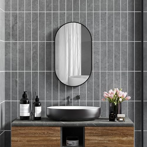HOMCOM Espejo de Baño Ovalado 40x70 cm con Marco de Aluminio Espejo de Pared Decorativo Horizontal o Vertical para Salón Entrada Pasillo Negro