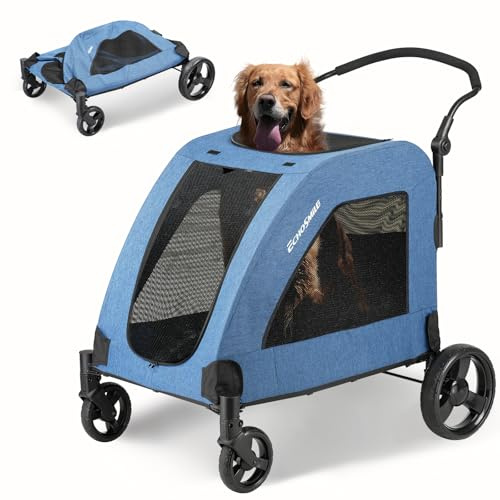 EchoSmile Hundewagen für Mittelgroße und Große Hunde bis 70kg, Faltbar Hundebuggy mit Netzfenstern, Verstellbarem Griff & 4 Geländegängige Räde, Blau