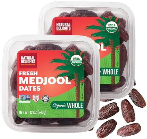Natural Delights Organic Medjool Dates Whole - USDA Certified Organic Fruit, Good Source of Fiber & Potassium, Naturally Sweet, Snack for On-the-Go, Large & Plump Dates - 12 oz Tub (Pack of 2)