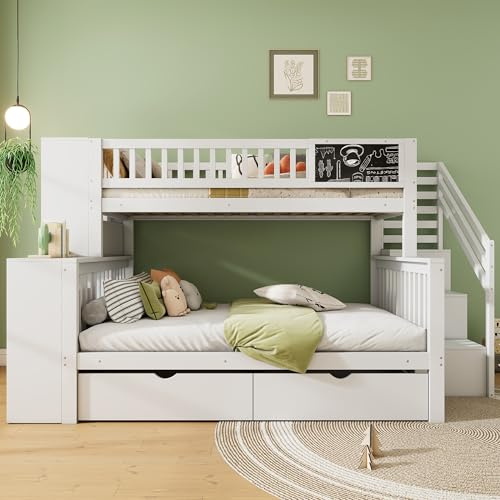 Letto a castello 140 x 200 | 90 x 200 cm, Scala di Sicurezza -Salvaspazio con vani portaoggetti, 2 cassetti, Libreria Grande a 6 Ripiani, Pino Robusto Bianco, 3 adolescenti e adulti