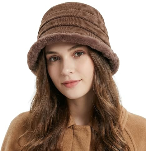 HIQIU Warme Fischerhut Damen Wintermütze Vintage Glockenhut Faltbare | Winter-Fleece-gefütterte Bucket Hut für Outdoor Wandern Reisen