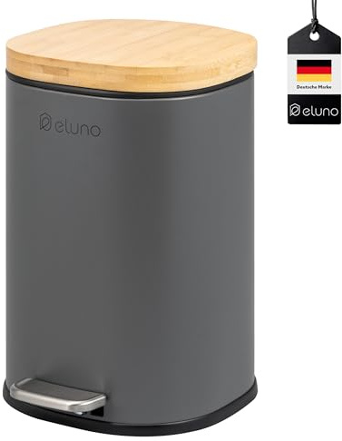 eluno Kosmetikeimer FRAMURA, Treteimer, 5 Liter Fassungsvermögen, Mülleimer mit Soft-Close Bambusdeckel, Abfallbehälter für Bad, Küche, Büro mit Kunststoffinneneimer, aus Metall und Bambus (Grau)