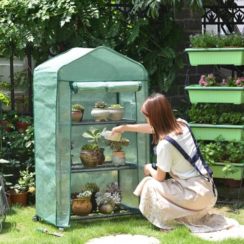 Petite Serre de Jardin Exterieur Porte à Enroulement avec Étagères Serre d Hivernage pour Plantes Exterieur Raccord en Plastique Convient aux Légumes, Plantes et Fleurs(C,69*49*125cm)