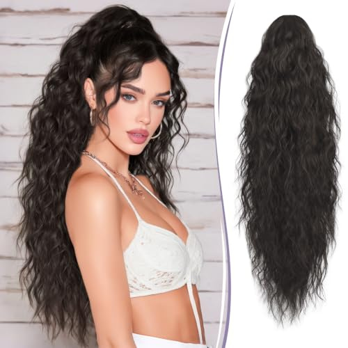 RUWISS Pferdeschwanz mit Klammer 76 cm Lange Wellig Lockig Pferdeschwanz Haarteil Synthetik Gewellt Claw Clip in Ponytail Extension für Damen, Schwarz Braun