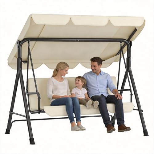 Huracan Hollywoodschaukel mit Verstellbarem Sonnendach, Gartenschaukel 3 Sitzer, Anti-Rutsch-Füßen, Wetterfest Gartenliege Schaukelbank, Stabile Metallkonstruktion, Belastbar bis 200kg, Beige