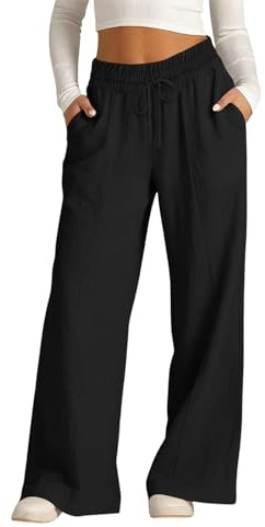 Linen Wide Leg Trousers for Women UK Summer Loose Casual Fashion Beach High Waisted Trousers Vacation Lightweight Straight Leg Palazzo Pants with Pockets Drawstring Elastic Waist Comfy Pant Black