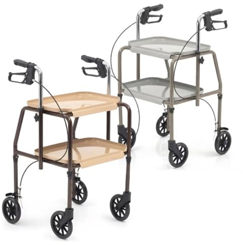 Kitchen Trolley Walker with Lockable Brakes for Indoor Use – 4 Wheel Mobility Rollator Trolley, Household Walking Aid for Elderly & Disabled, Stable Walking Aid with Easy-Grip Handles (Cream & Brown)