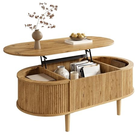 HAINEW Ovaler Couchtisch Wohnzimmertisch mit Höhenverstellbarer Tischplatte und Stauraum, Sofatisch Beistelltisch Kaffeetisch mit Abgerundete Ecken, 100×48×54,5cm, HD26052603 (Eichenfarbe)
