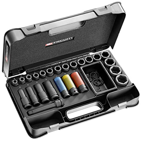 FACOM Coffret de Douilles Impact 27 Pièces 1/2 6 Pans Composition Douilles à Choc Courtes et Longues 10 à 32 mm NS.550BPB