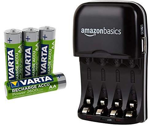 Varta Accu prêt à l'emploi - Batterie Rechargeable Mignon AA Ni-Mh (4-Pack, 2600 mAh) & Amazon Basics Chargeur de Piles Ni-MH AA et AAA avec Port USB