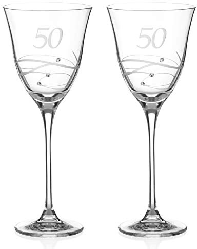 DIAMANTE Swarovski 50th Birthday or Anniversary Wine Glasses – Pair of Crystal Wine Glasses with Hand Etched “50” with Swarovski Crystals in Gift Box