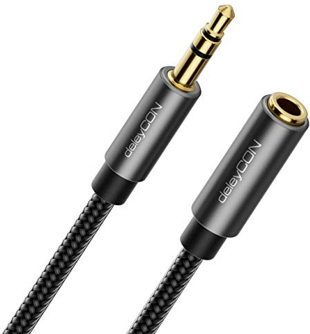 deleyCON Cable auxiliar de 5 m de extensión de 3,5 mm, cable de audio jack, cable de extensión estéreo, cable de algodón y conector de metal, teléfono móvil, smartphone, tableta, auriculares, receptor