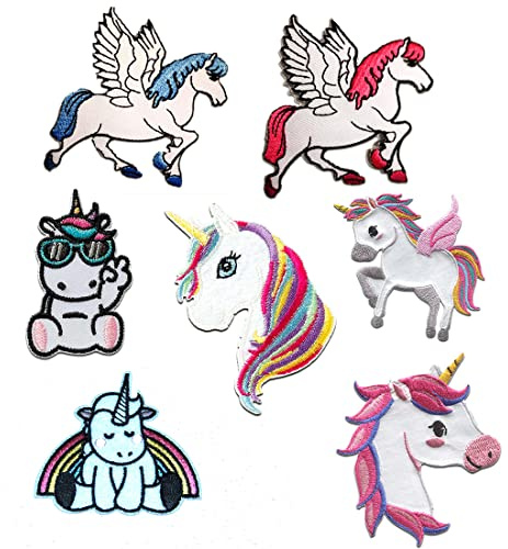 Catch the Patch Einhorn Aufnäher zum Aufbügeln Fantasy Set 7 Stück zum Aufbügeln Bügelbild für Kinder Mädchen mit Glitzer Regenbogen Prinzessin, Bastel DIY Mitbringsel Kindergeburtstag Geschenk