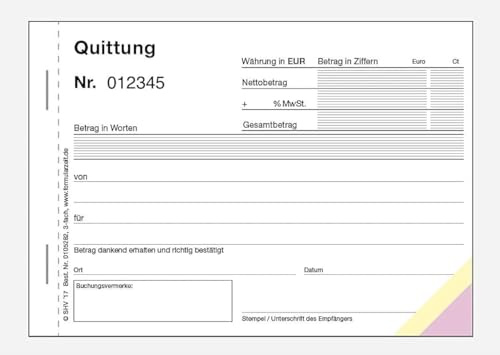10 Stück Fortlaufend nummerierter Quittungsblock mit Mehrwertsteuer, 3-fach selbstdurchschreibend, 3x50 Blatt