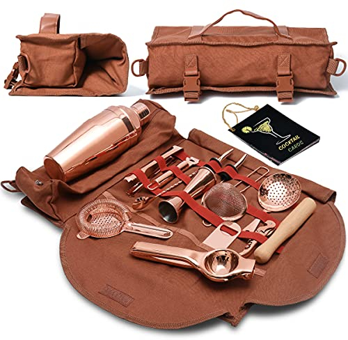 Borsa kit da barista viaggiatore, set di attrezzi da bar professionale con 17 pezzi, set da bar portatile in tela cerata con tracolla per servizio al bar, feste, viaggi in campeggio