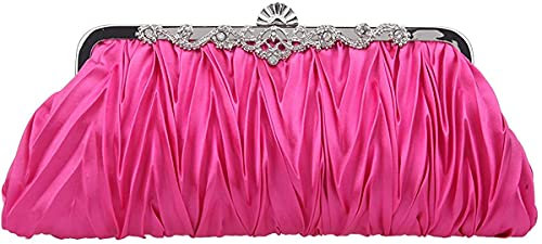 Tskybag - Pochette da sera da donna, in raso, a pieghe, per feste, matrimoni, con strass intrecciati, Fucsia,