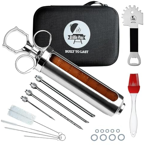 Grillin Pros Stainless Steel Meat Injector Syringe Kit: Large 2-oz Capacity, Measurement Window, 4 Marinade Needles, Basting Brush, Grill Cleaner & Travel Case - Delicious BBQ Smoking Flavor