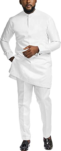 African Suits for Men Slim Fit Dashiki Long Sleeve Shirt and Pant 2 Piece Attire Traditional Outfits White S