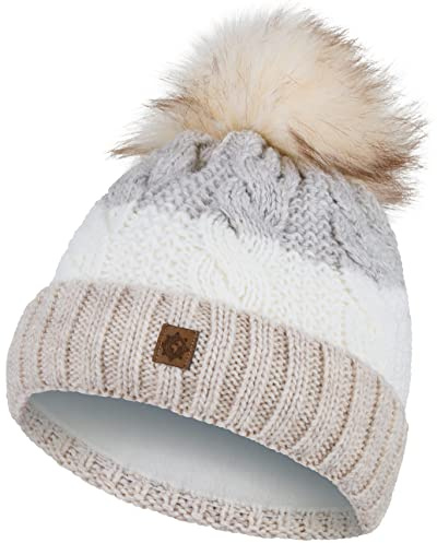 Compagno Wintermütze Mütze Damen Bommelmütze gestreift Strickmütze Winter gefüttert Mädchen Fleece Futter Beanie 102