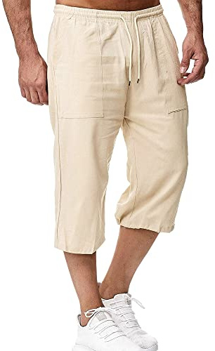 LVCBL Men's Cotton Linen Blend Below Knee Shorts - Drawstring Elastic Waist Beach Capri Shorts with Pockets Khaki XL