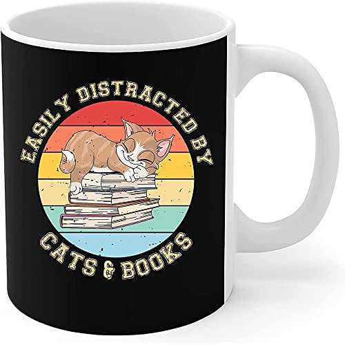 456 Tazze Mug Facilmente Distratto Da Gatti E Libri Regalo Per I Lettori Gatto Stampata Tazze Da Tè Con Manico Tazzine Da Caffè Per Compleanno Lavoro Caffè E Tè 330Ml