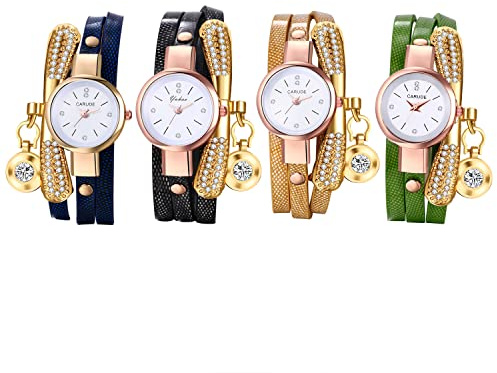 JewelryWe Uhren Damen Analog Quarz Armbanduhr Retro Geschichtet Wickelarmband Damenuhr Strass Diamant Verstellbar Leder Armband Lässige Uhr für Frauen