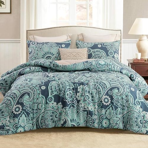 Whale Flotilla Bettdecke 220x230 cm 3 teilig Steppdecke | Atmungsaktive und Weiche Schlafdecke mit 2 Kissenbezügen, für 4 Jahreszeiten, Grün Paisley