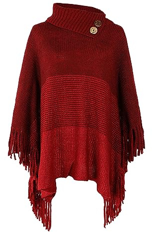 JFAN Ponchos för kvinnor varm dam elegant stickad poncho för vinter med frans rulle hals poncho capes cardigan med knappar, Röd, one size