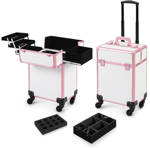 AROUS Rolling Makeup Train Case Cosmetic Travel Trolley 4 Tray with Sliding Rail Removable Middle Layer with Key Swivel Wheels Salon Barber Case Traveling Cart Trunk,White