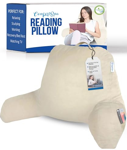 ComfortSpa Lesekissen für Bett Erwachsenengröße, Rückenlehnenkissen mit Armen, Taschen und waschbarem Bezug; Verwendung als Rückenkissen zum Sitzen im Bett für Bettruhe oder Linderung von