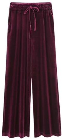 Women Velvet Pants UK Clearance Wide Leg Solid Trousers with Pocket Drawstring Elastic High Waisted Jogger Vintage Loose Plus Size Stretch Trousers Ladies Casual Business Work Long Pants Wine