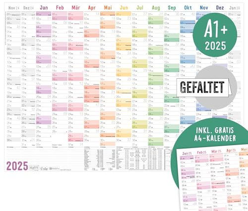 Häfft® XXL Wandkalender 2025 groß A1+ (63 x 89 cm) Rainbow 15 Monate Nov 2024 - Jan 2026 + gratis A4-Jahresplaner, Wandplaner Jahreskalender gefalzt - nachhaltig & klimafreundlich