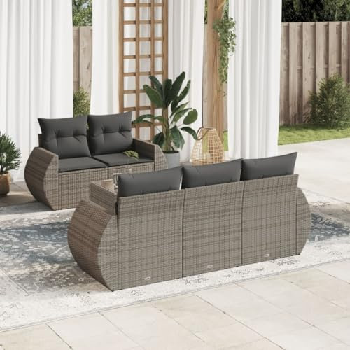 ULUYYUC 6-TLG. Garten-Sofagarnitur, Gästebett Terrassenmöbel Gartenstühle Küchensofa Geeignet für Hinterhof Garten Außenbereich Balkon mit Kissen Grau Poly Rattan