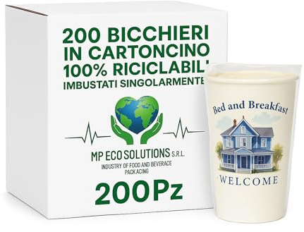 Generico Bicchieri in Carta Imbustati Singolarmente 200 ml – Fantasia B&B – Confezione da 200 Pezzi – Monouso, Igienici e Riciclabili – MP Eco Solutions