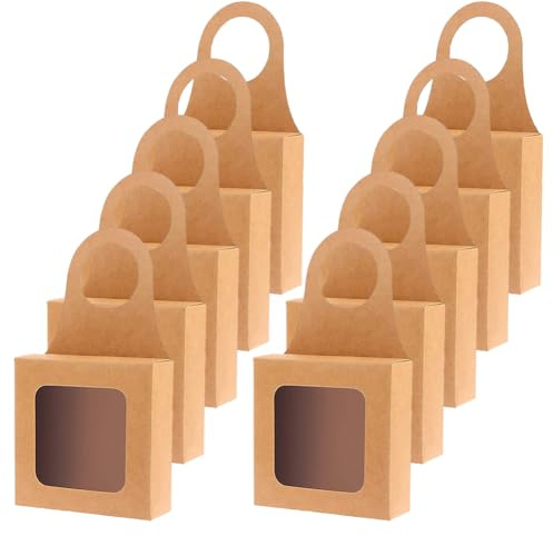12 Stück Kraftpapier-Weinflaschenbox mit Fenster zum Aufhängen, Geschenkboxen, faltbare Flaschen-Geschenkboxen, kleine Süßigkeiten-Boxen, leere Keks-Geschenkboxen, braun