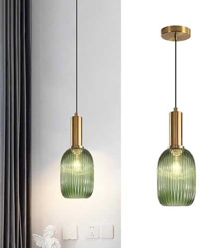 Tropibed Industrielle Vintage Pendelleuchte, e27 Glas Hängelampe, Lampenschirm aus Gestreiftem Glas Retro Deckenleuchte Hängelampe für Esszimmer Schlafzimmer Küchen Kronleuchter (Grün, 13cm)