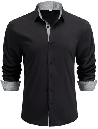 Misfuso Chemise Homme Mariage Manche Longues Chemise Business Formelle Chemise Casual Slim Regular Fit Noir L
