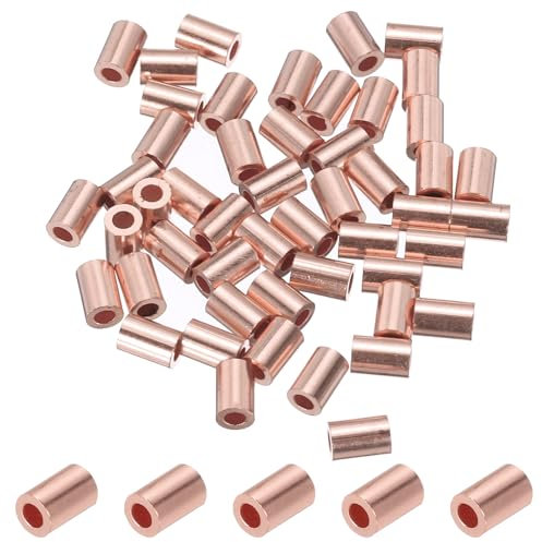PATIKIL 5/64/ 2mm Wire Rope Stop Sleeve, 50 Pack Copper Crimping Loop Sleeve End for Wire Rope Cable Ferrule, Gold Tone