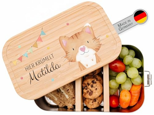 wunderwunsch® - Personalisierte Brotdose für Kinder - Robuste und Individuelle Edelstahl Brotdose mit Namen - Personalisierte Geschenke für Kinder (klein Edelstahl,Katze Girlande)