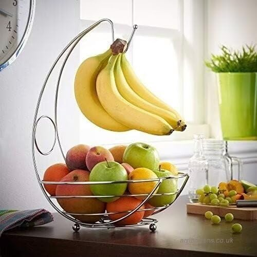 JKFGYTHG Cesto di Frutta e Gancio per Banane Decorazione in Metallo Cromato Il Cesto di Frutta Moderno Mantiene la Frutta Fresca a Lungo Centrotavola a Braccio Curvo per la Cucina