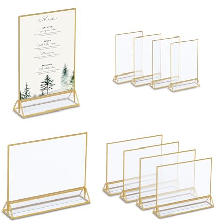 Relaxdays 10 Soportes de Sobremesa A5, Expositores Formato Vertical y Horizontal, Menú, Boda, Acrílico, Transparente/Oro, 24 x 15.5 x 5.5 cm