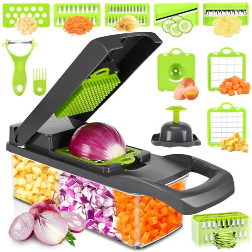 Farerkass Mandolina de Cocina, Cortador de Verdura, 16 en 1 Rallador de Verduras, Mandolina Profesional, Multifuncional Cortador Verduras con 6 Cuchillas, Cortador para Cebolla, Patatas