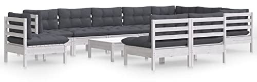 WEMYUFURN 11-TLG. Garten-Lounge-Set mit Kissen Weiß Kiefer Massivholz, Outdoor-Sitzgruppe, Terrassen-Lounge-Set, Garten-Couchgarnitur - Wetterbeständig, Komfortabel - für Terrasse, Garten und Balkon