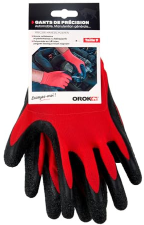 OROK - Guante de precisión, guante de trabajo de precisión, guantes de trabajo, talla 9, soporte de poliamida recubierto de látex, puños largos, espalda ventilada, muñeca de punto con borde costado,