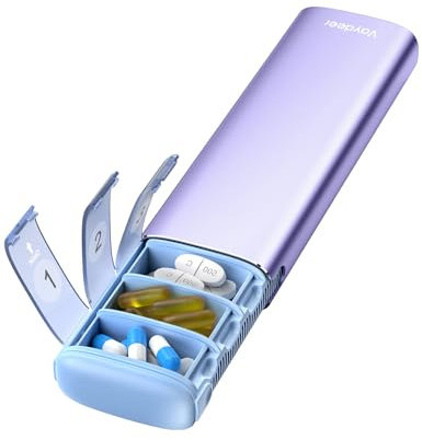 VAYDEER Tablettenbox 7 Tage [LFGB-zertifiziert] [Trockensicher] [Lichtgeschützt] [Aluminium] Reise-Pillendose Tabletten-Organizer Medikamentenbox, morgens & abends Kein - Lila