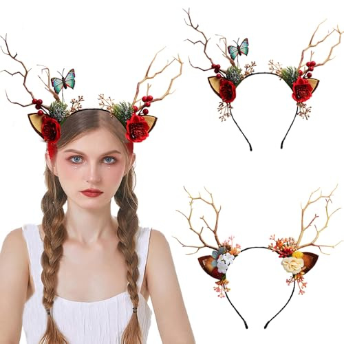 YouXiaor Rentier Haarreifen, 2PCS Geweih Haarreif Hirsch Reh Haarreif mit Ohren Weihnachtshaarreif Weihnachts Haarschmuck Perfekte Accessoire für Erwachsene Kinder Weihnachten Karneval Fasching