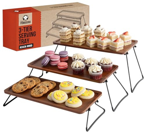 Chef Pomodoro 3 Tiered Serving Trays & Platters with Non-Slip Base for Food Display, Cupcake Stand, Elevated Charcuterie Board Cake Stand, Wooden Tiered Dessert Serving Stand for Parties and Events